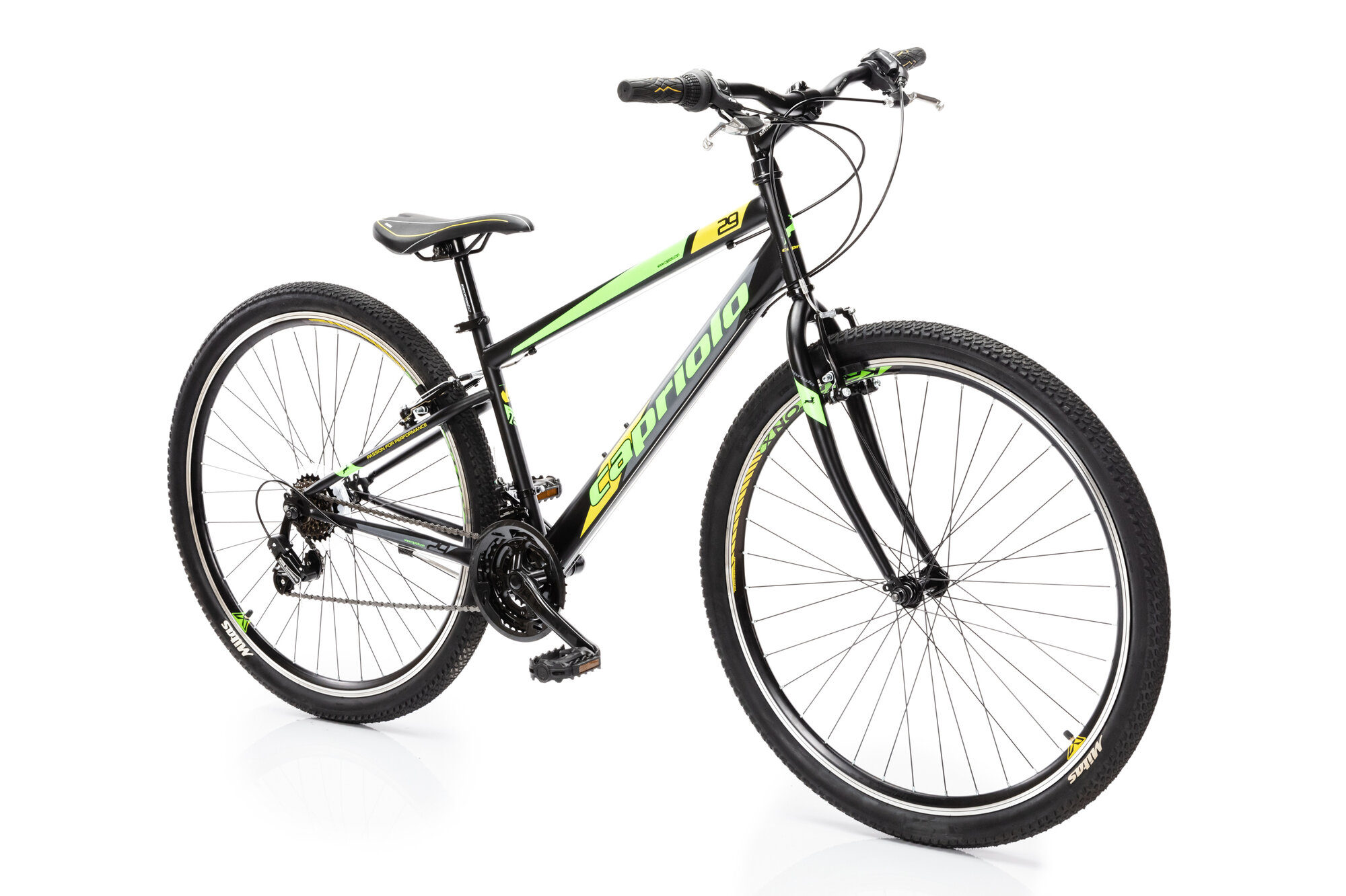 Велосипед CAPRIOLO MTB PASSION MAN (3 X 6), рама сталь 16', колёса 29' (чёрный - жёлтый - зелёный), нагрузка до 130кг