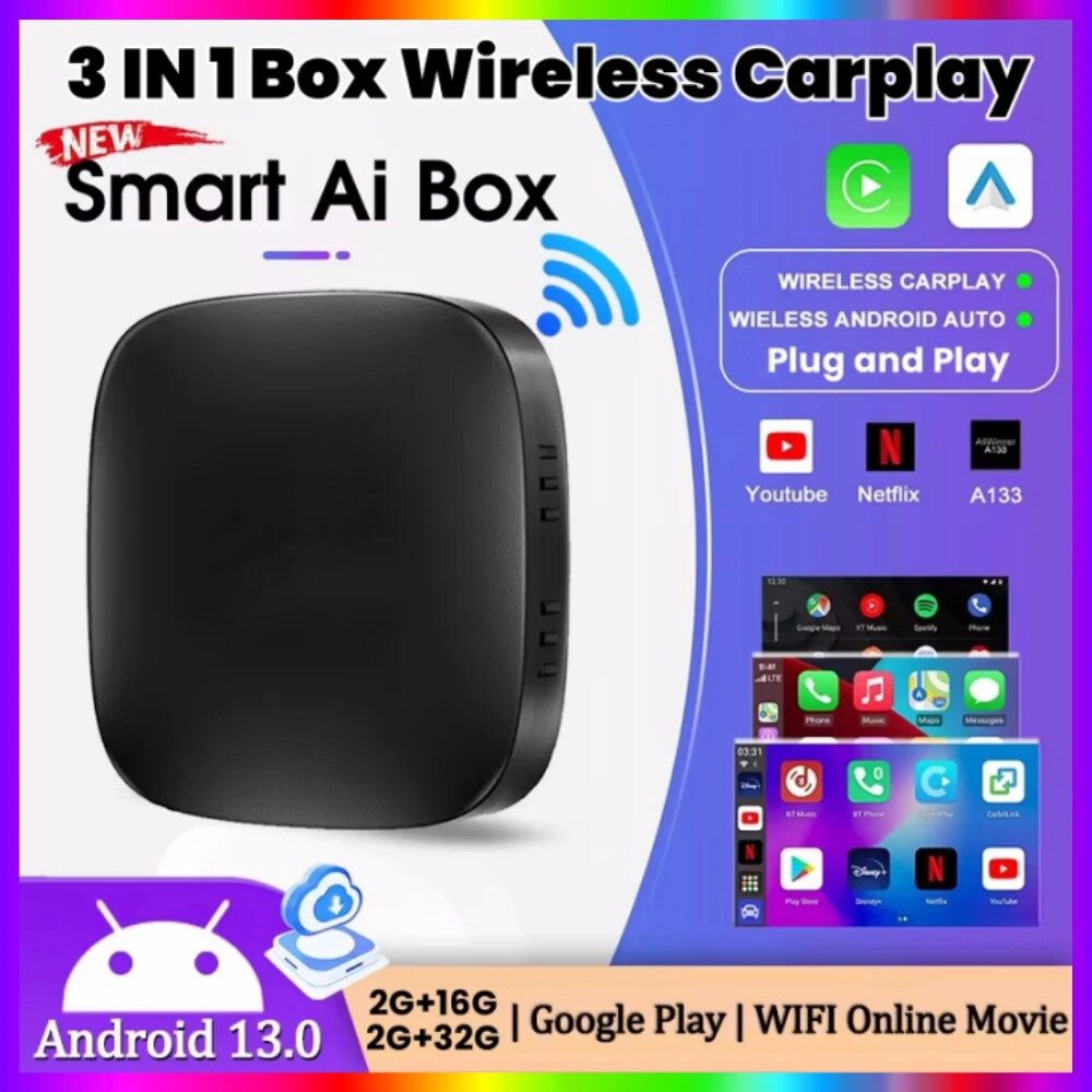 Android 13 CarPlay AI Box адаптер беспроводной CarPlay Android Авто Smart AI Box для Netflix YouTube FOTA обновленный Автомобильный мультимедийный, 2GB 32GB — фото 1