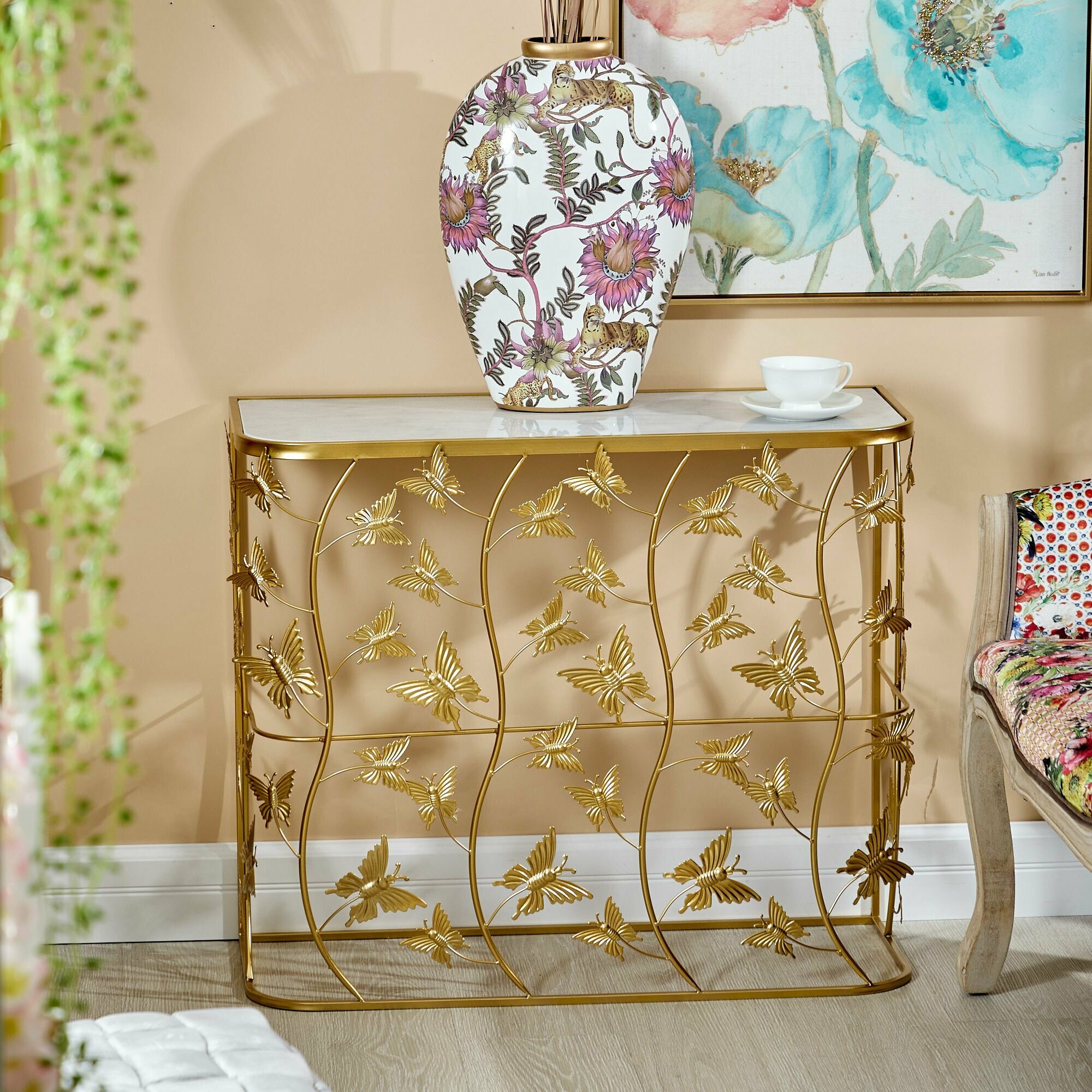 54-109 Консоль с белым мрамором 80x32x69 см, Металл, мрамор, Glasar