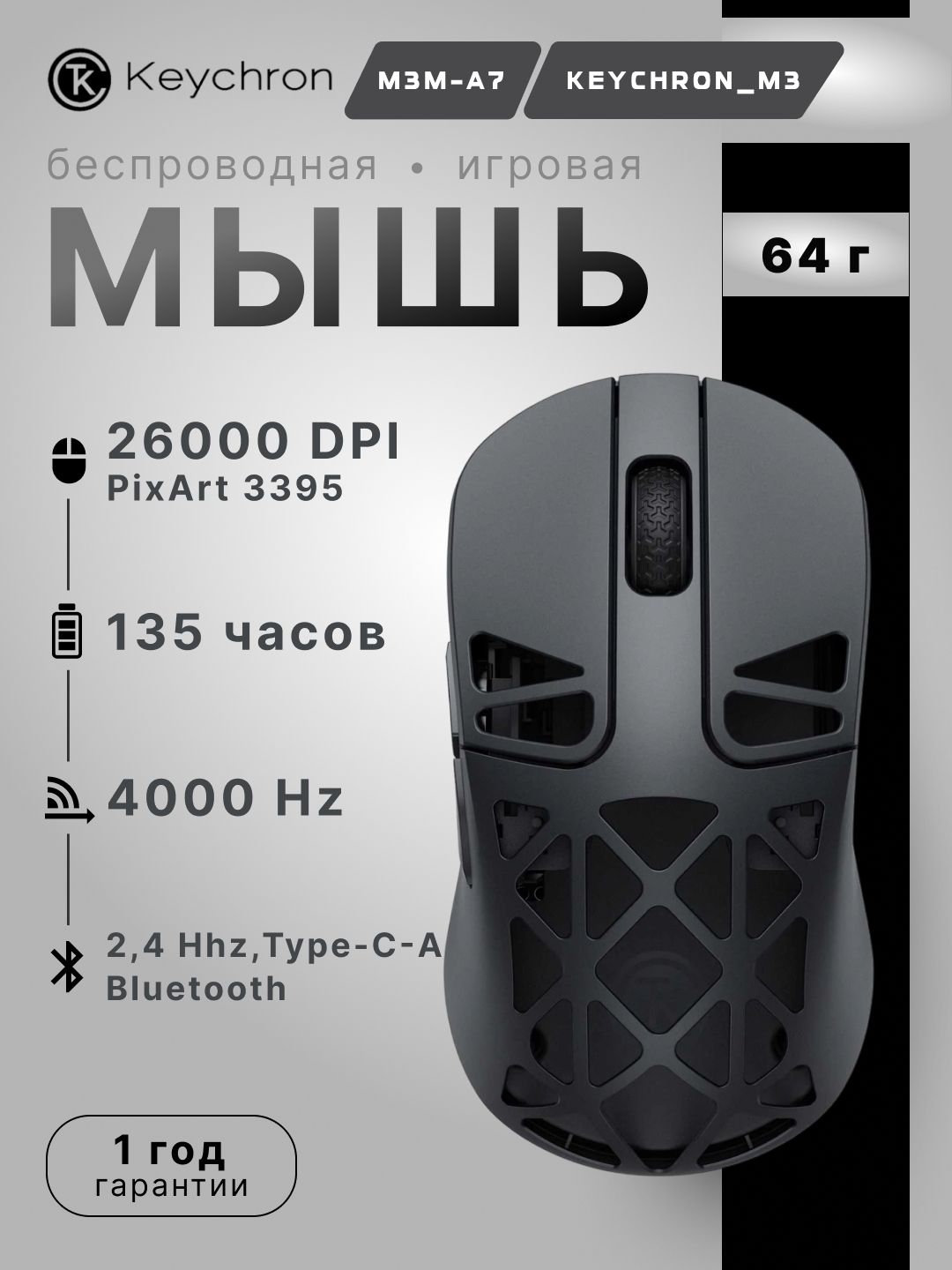 Игровая беспроводная мышка Keychron M3 Mini Metal Edition BT/WL/USB-A/USB-C, 4K, M3M-A7
