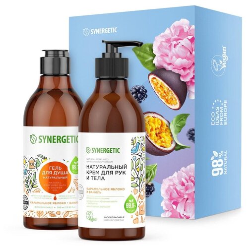 Подарочный набор SYNERGETIC гель д/д 380 мл, крем д/р 380 мл жидкое мыло synergetic карамельное яблоко и ваниль 380 мл