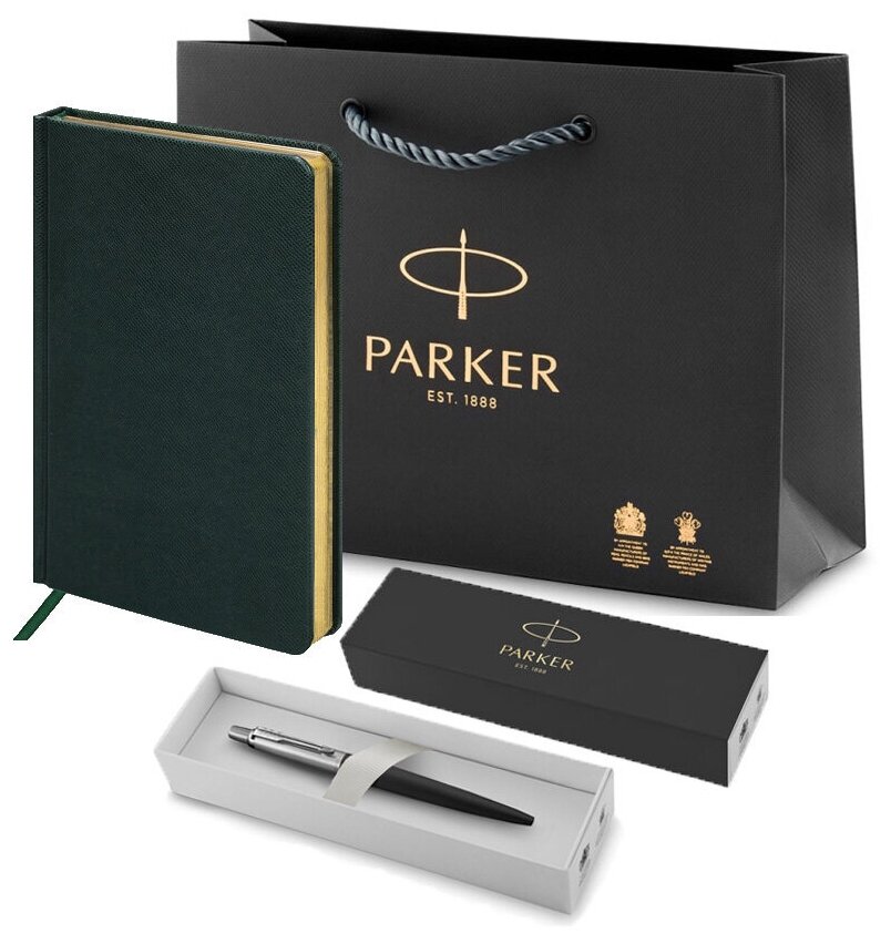 Подарочный набор: шариковая ручка Parker Jotter Originals черная, ежедневник А5 темно-зеленый и фирменный пакет Паркер
