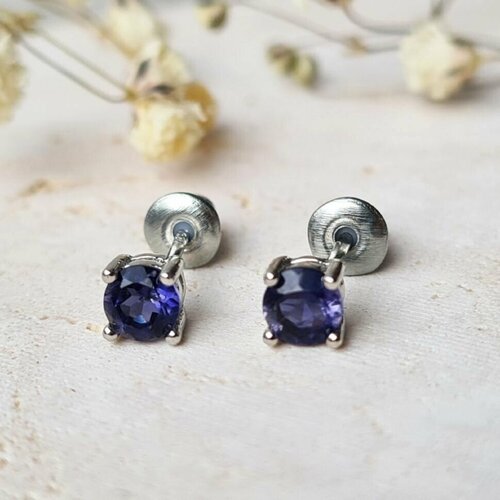 Серьги пусеты серебро, 925 проба, иолит, размер 3 мм, длина 1 см, фиолетовый, серебряный