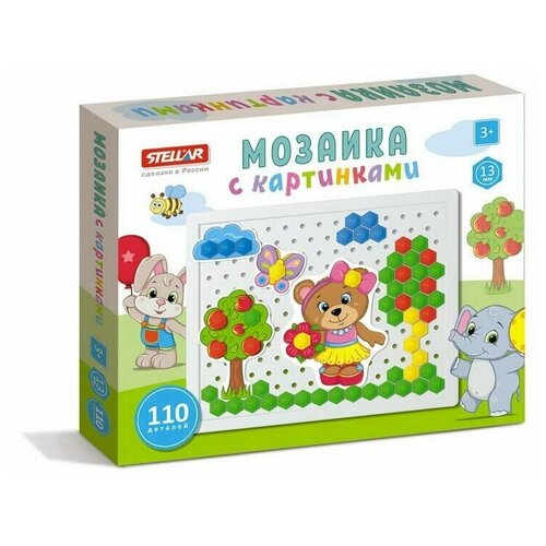 Мозаика с картинками, игровое поле, картонные аппликации и 110 фишек, 1 шт.