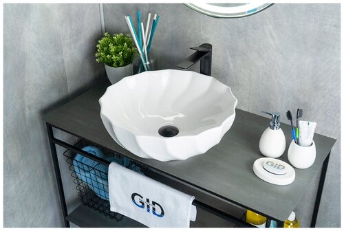 Комплект 3 предмета: Керамическая накладная раковина для ванной Gid N9073 с сифоном А-3202 и донным клапаном хром H6717
