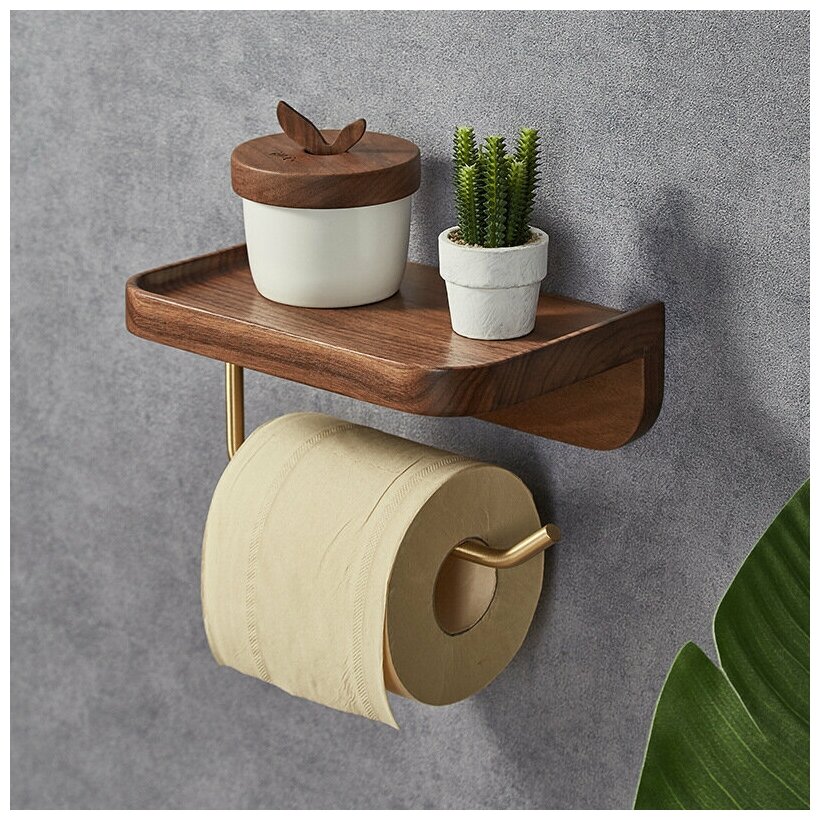 Настенный держать A-PORTE HOME для туалетной бумаги, с полочкой, 20 см, ореховое дерево/алюминий, коричневый-золотой - фотография № 5