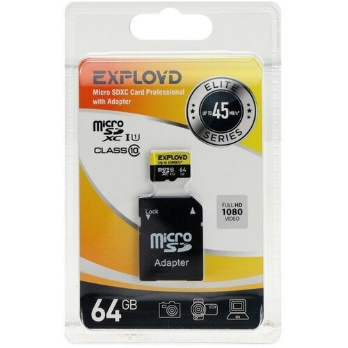 Карта памяти Exployd MicroSD, 64 Гб, SDHC, UHS-1, класс 10, 45 Мб/с, с адаптером SD