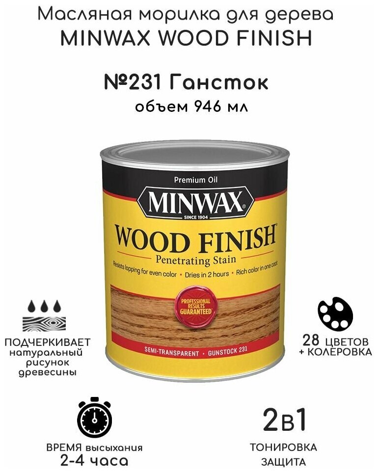 Масло для дерева и мебели Minwax Wood Finish. 231 Гансток 946 мл. Тонирующая пропитка - морилка для дерева
