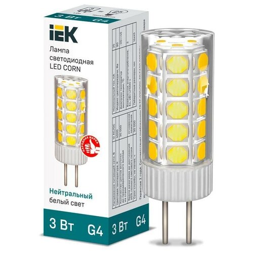 Лампа светодиодная Corn 3Вт капсульная 4000К нейтр бел G4 12В керамика IEK LLE-Corn-3-012-40-G4 210₽