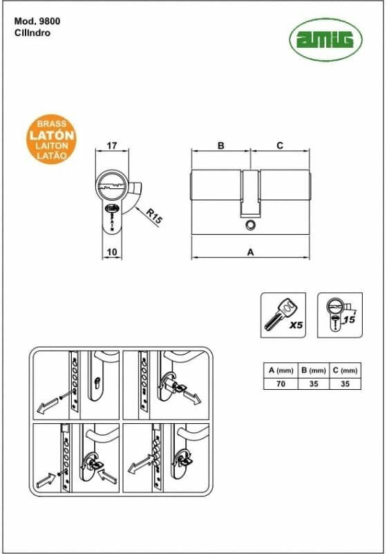 AMIG Цилиндровый механизм полированная латунь 35x35 9800-70 LP (ключ/ключ)