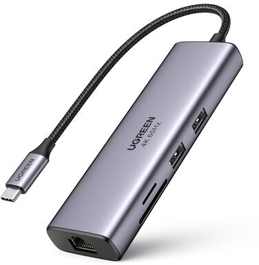 Мульти Хаб Ugreen CM512 (20954) USB-C to 2xUSB-A 3.0+HDMI+RJ45+SD/TF Converter серый