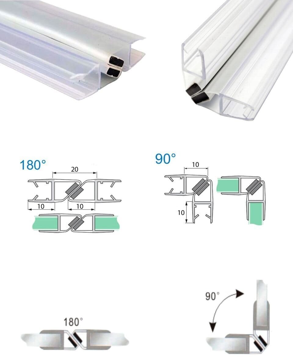 Уплотнитель с магнитом для стекла душевой кабины черный , душевого ограждения толщиной 5-6 мм. под углами 90°, 180° - фотография № 2