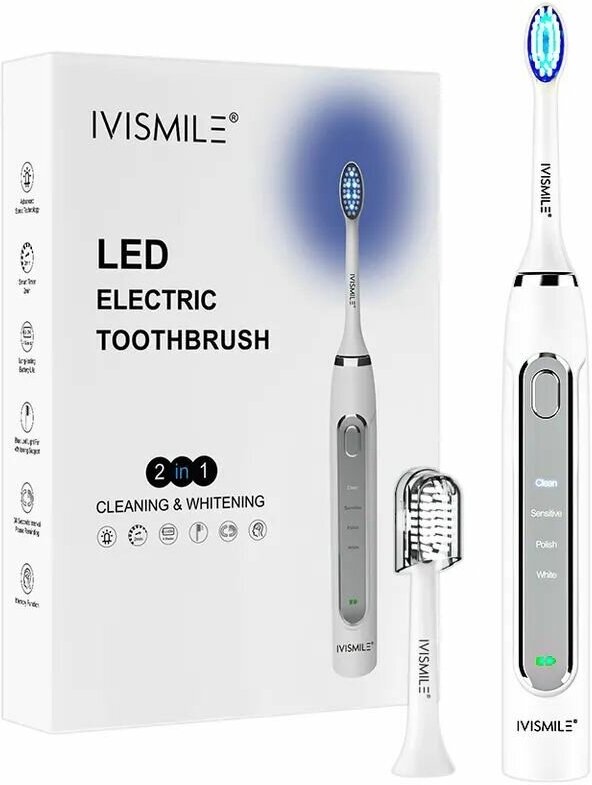 Звуковая электрическая зубная щетка с отбеливающим LED эффектом IVISMILE IVI-2T