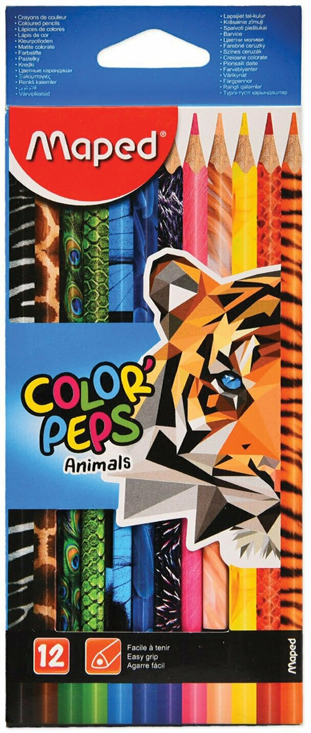 Карандаши цветные MAPED (Франция) "Color'Peps Animals", 12 цветов, трехгранные, заточенные, европодвес, 832212 Комплект - 3 шт.