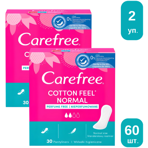 Ежедневные прокладки Carefree СOTTON FEEL NORMAL PERFUME FREE, женские гигиенические 100% дышащие, мягкие, 30 штук, 2 упаковки