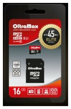 Карта памяти (OLTRAMAX MicroSDHC 16GB Class 10 UHS-1 Elite + адаптером SD 45 MB/s)