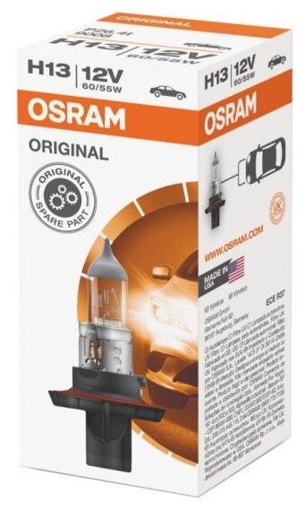 Лампа автомобильная Osram H13 65W P26.4t 12V, 1шт, 9008