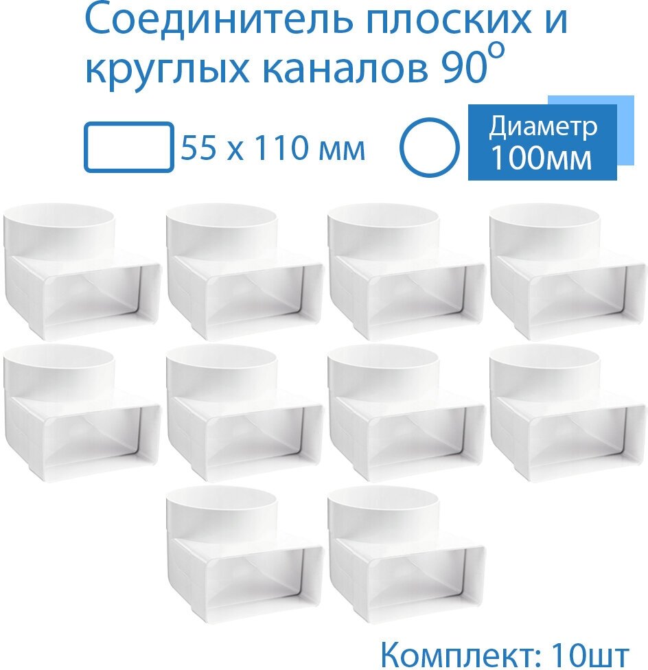 Колено угловое соединительное плоское круглое 55 х 110 мм / d 100 мм, 10 шт, 521-10, белый, воздуховод, ПВХ - фотография № 1