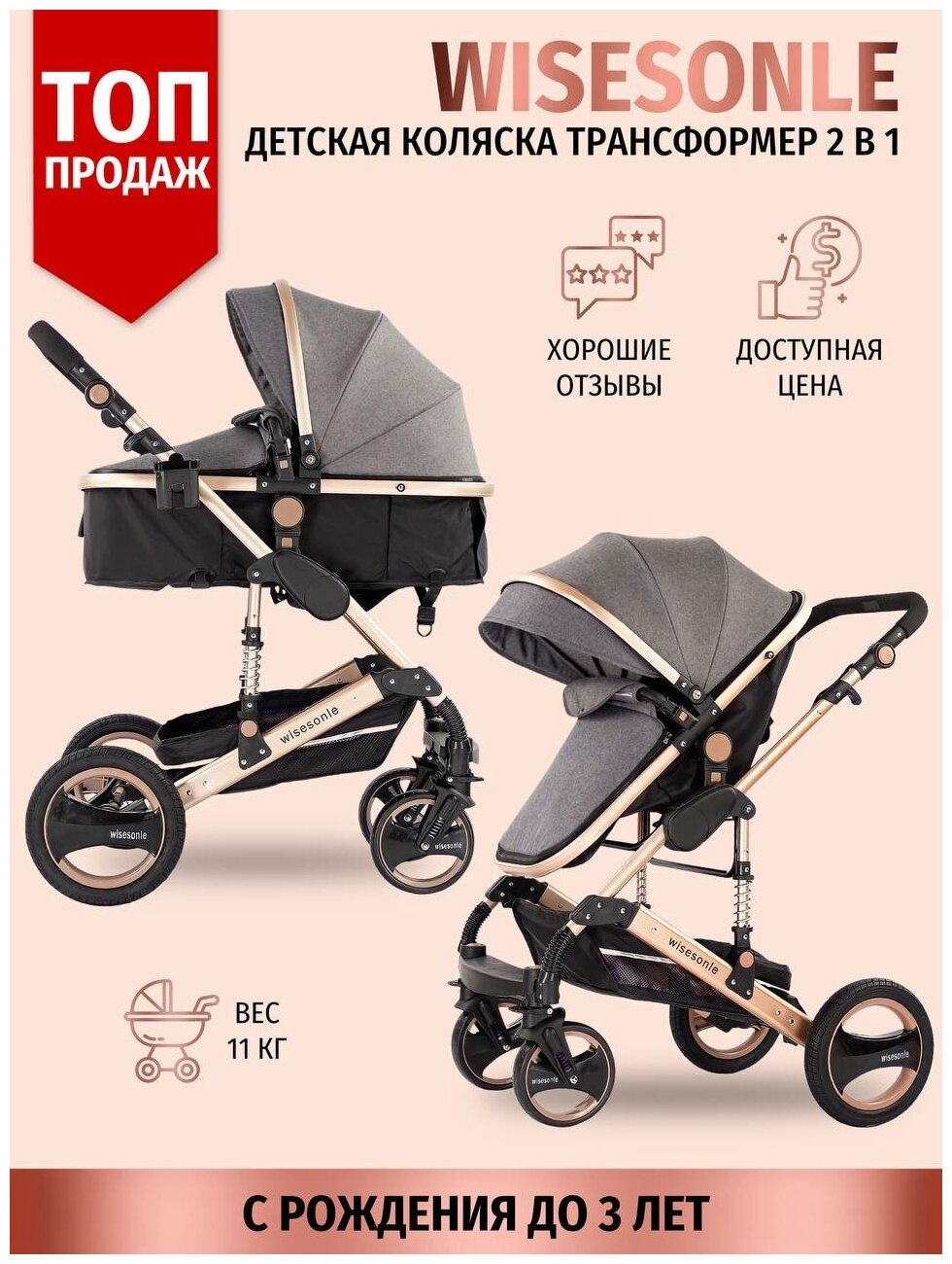Детская коляска Wisesonle Коляска 2 в 1 Коляска-трансформер Для новорожденных 2023 Люлька для детей до 3-х лет