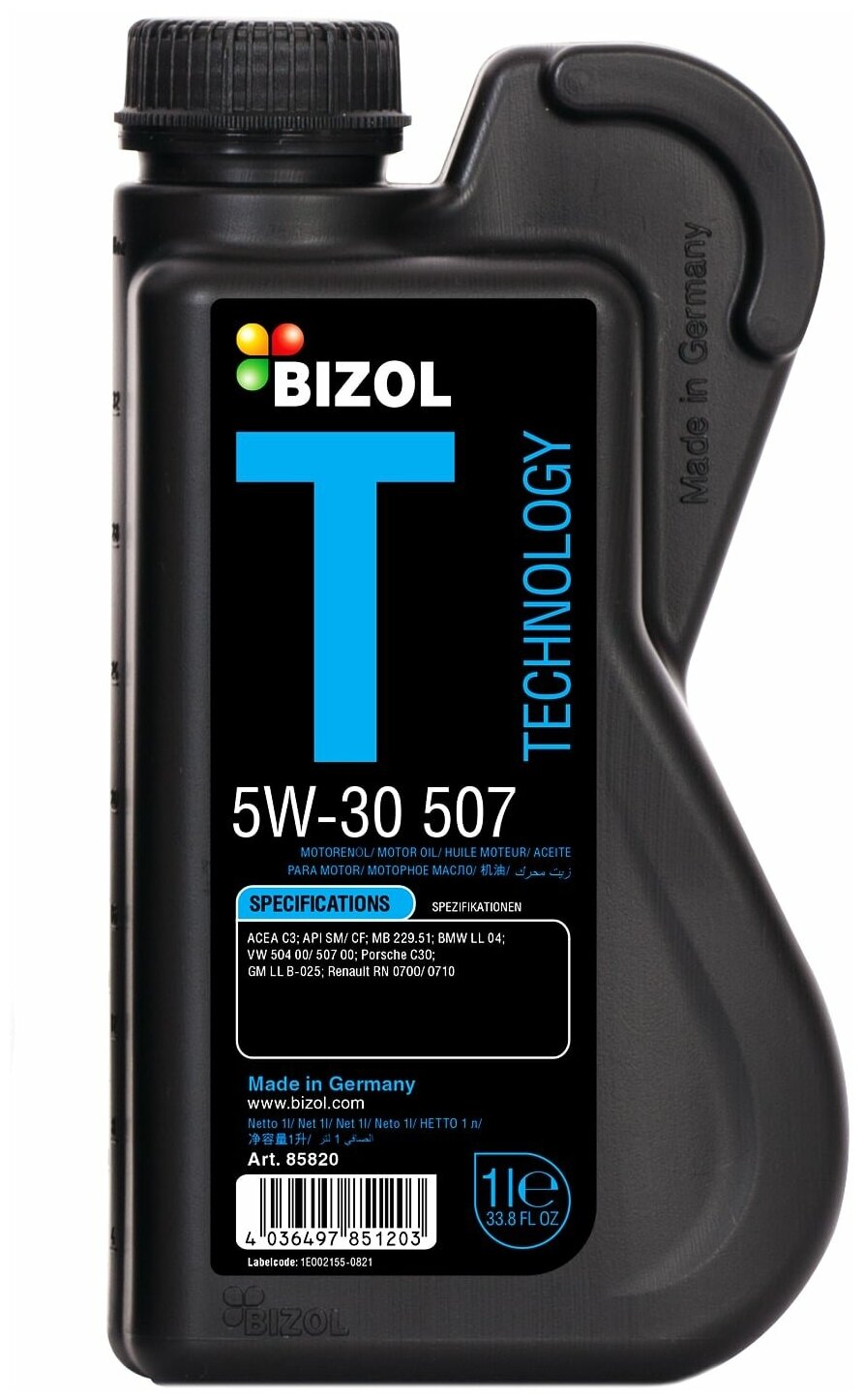 85820 BIZOL НС-синтетическое моторное масло Technology 5W-30 507 SM C3 (1л)