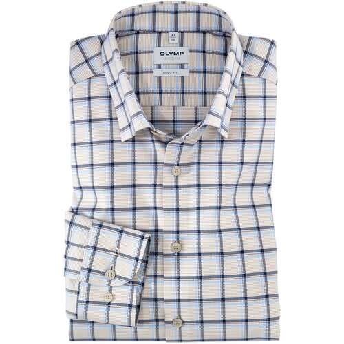 фото Рубашка мужская olymp level five body fit бежевая в серо-голубую клетку арт. 21122422 размер 39