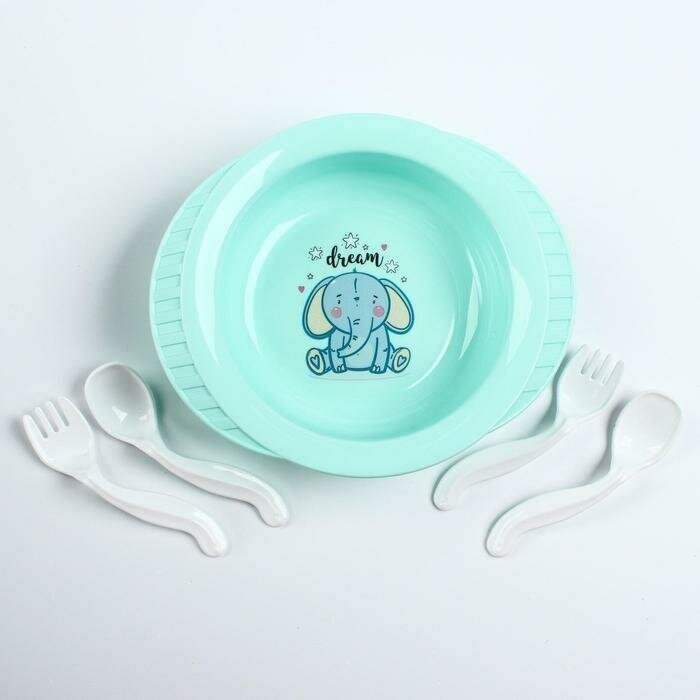 Полимербыт Набор детской посуды: тарелка на присоске, 500 мл, ложка, 2 шт, вилка, 2 шт, цвета микс