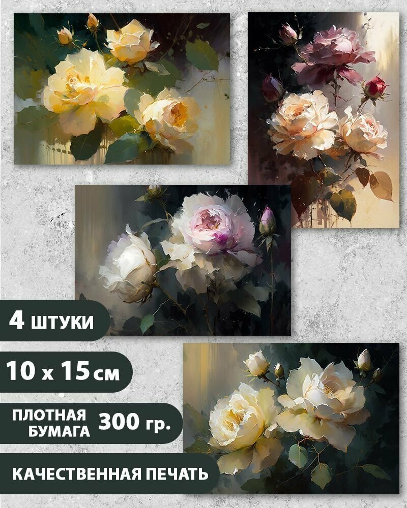 Набор открыток "Цветы Розы", 10.5 см х 15 см, 4 шт, на подарок и в коллекцию