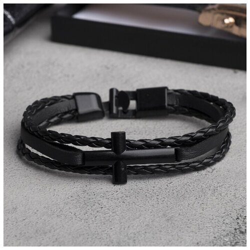 фото Браслет кожа "коса двойная" крест, цвет чёрный в чёрном металле,l 21 см нет бренда