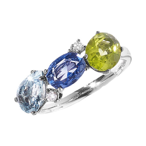 фото Кольцо antonini, белое золото, 750 проба, родирование, авантюрин, перидот, сапфир, бриллиант, размер 16.7