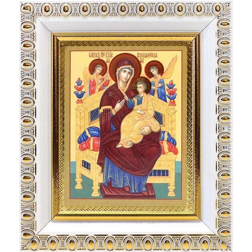 Икона Божией Матери Всецарица (лик № 018), в белой пластиковой рамке 8,5*10 см
