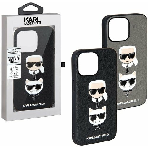 Чехол iPhone 14 Plus KARL LAGERFELD с человеком и котом вертикальный, черный