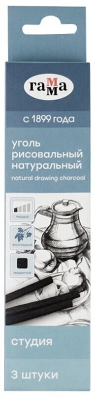 Уголь натуральный Гамма "Студия", виноградный, твердый, квадратный, 3 штуки, картонная упаковка (080219_04)