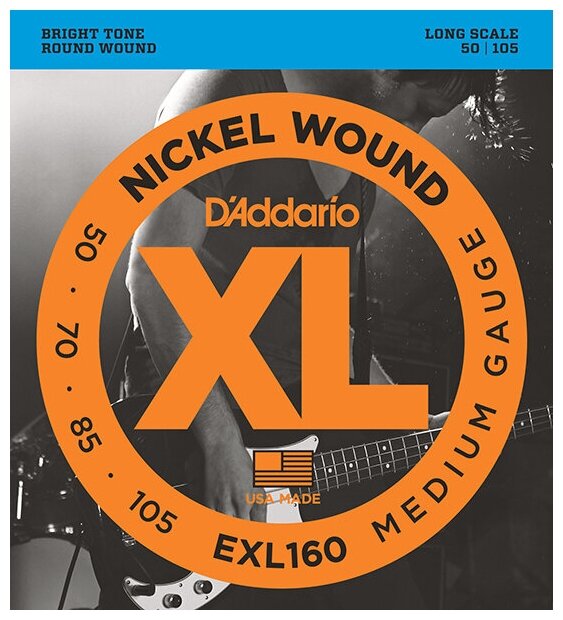 EXL160 XL NICKEL WOUND Струны для бас-гитары Long Medium 50-105 D`Addario