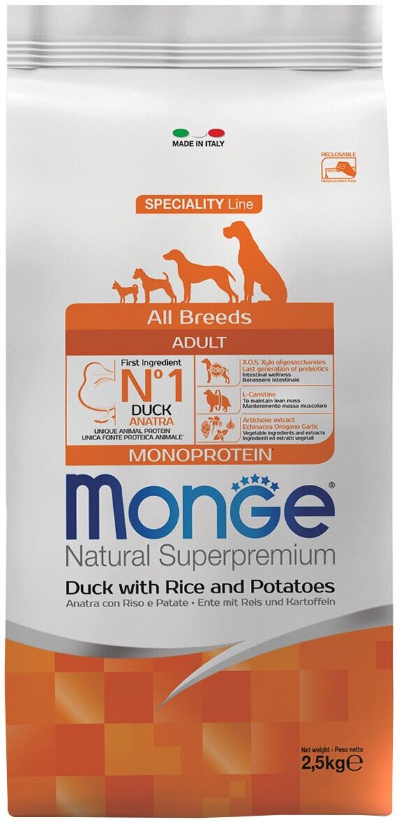 MONGE SPECIALITY DOG DUCK для взрослых собак всех пород с уткой, рисом и картофелем (2,5 кг)