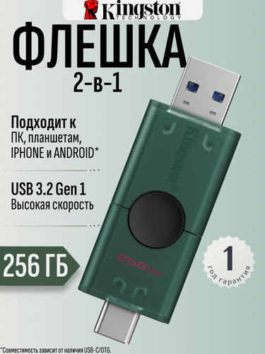 Изображение товара USB флешка Kingston DataTraveler DUO 256 ГБ, USB 3.2 Gen 1, USB Type-A и USB Type-C, зеленый и черный (DTDEG2/256GB)