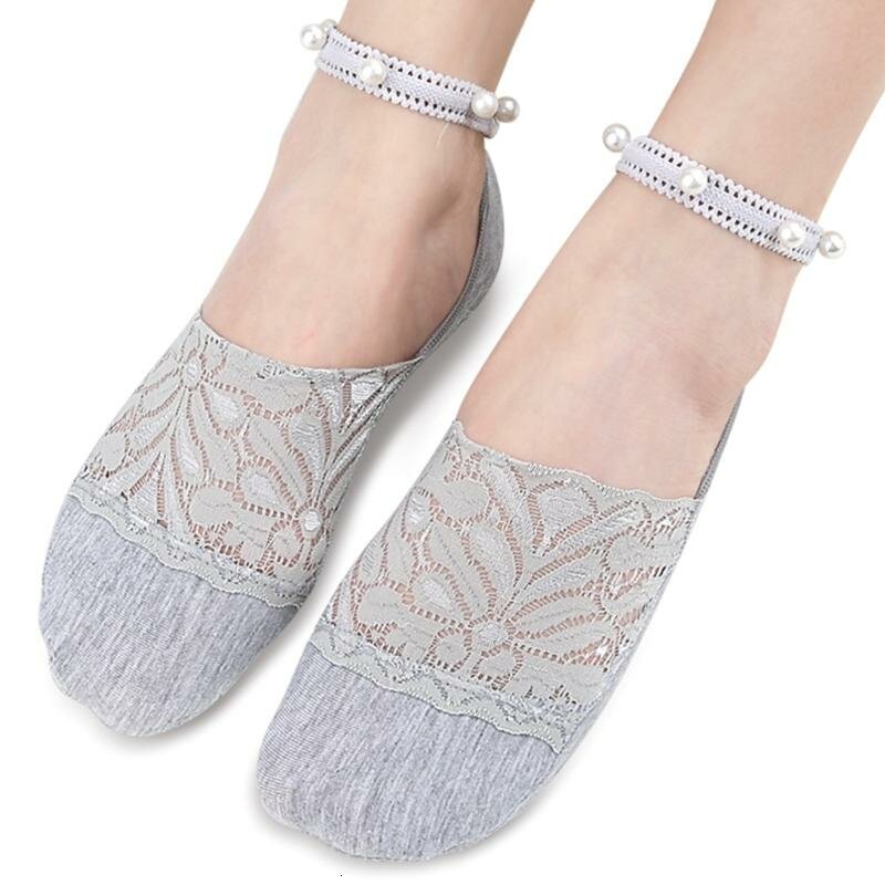 Женские кружевные носки с имитацией жемчуга, Серый