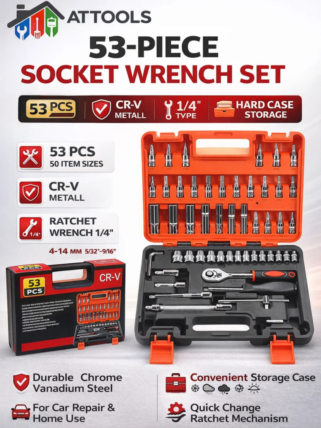 Набор торцевых головок Attools 53 предмета, 1/4", сталь CR-V, с трещоточным ключом, в пластиковом кейсе
