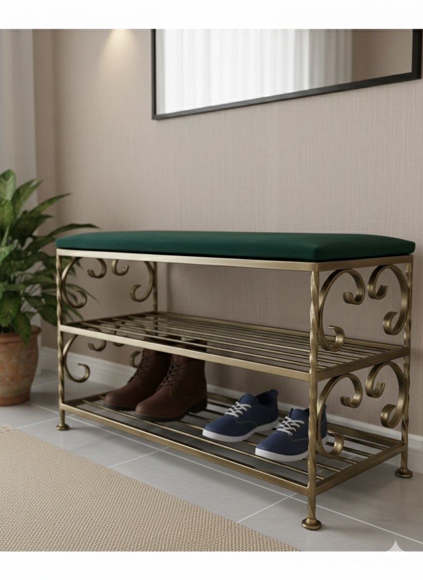 Кованая банкетка №03, Студия кованой мебели Нива, цвет зеленый бархат/античная бронза — фото 1