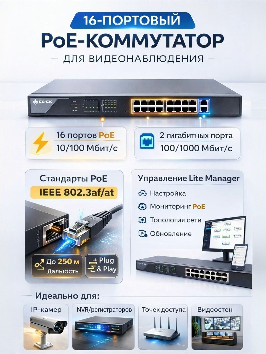 Управляемый коммутатор PoE СС-СК RS-SW-16 16, портов