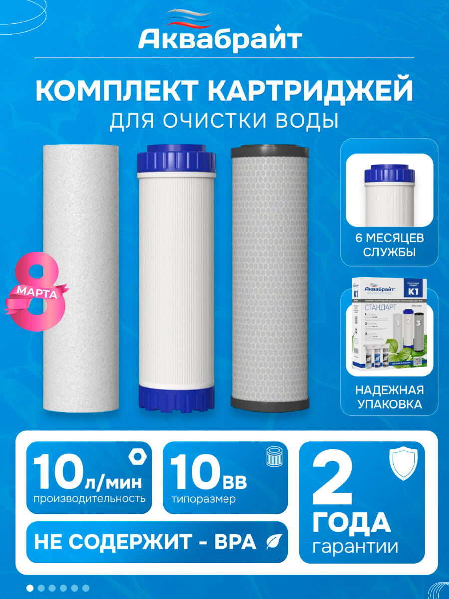 Комплект картриджей Аквабрайт К-1 стандарт для фильтра очистки воды, совместим с фильтрами Slim Line 10″, в наборе 3шт