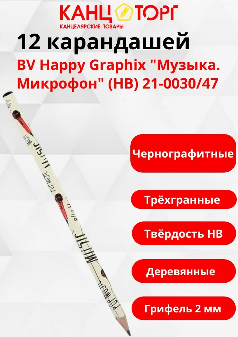 12 карандашей ч/гр. BV Happy Graphix "Музыка. Микрофон" (НВ) 21-0030/47