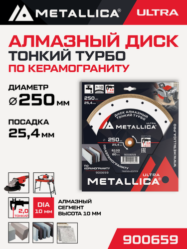 Изображение товара Диск алмазный тонкий турбо METALLICA Ultra 250x25,4 мм, к-гранит