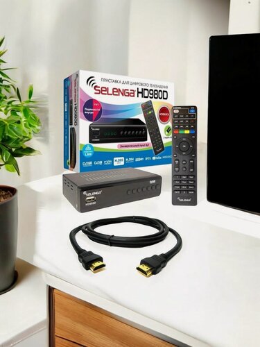 Изображение товара Комплект Цифровой ресивер Selenga HD980D (DVB-T2+DVB-C, LAN, IPTV) + Кабель HDMI 1.5 м медный