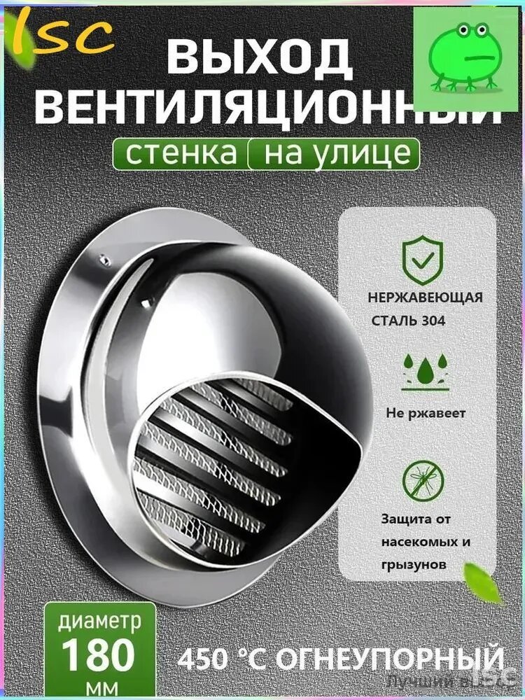 Стенной выход с решеткой и сеткой, 180 мм, из нержавеющей стали 304