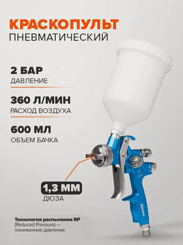 Изображение товара Краскопульт пневматический REMIX LS-30 сопло 1,3 мм, 600 мл для авто, мебели и дерева для компрессора/ верхний бачок