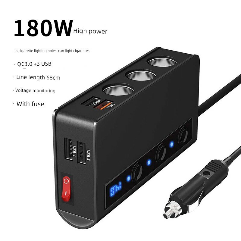 180Вт 3-портовый автомобильный зарядный адаптер с поддержкой QC3.0 и розетки для прикуривателя для 12/24В автомобилей