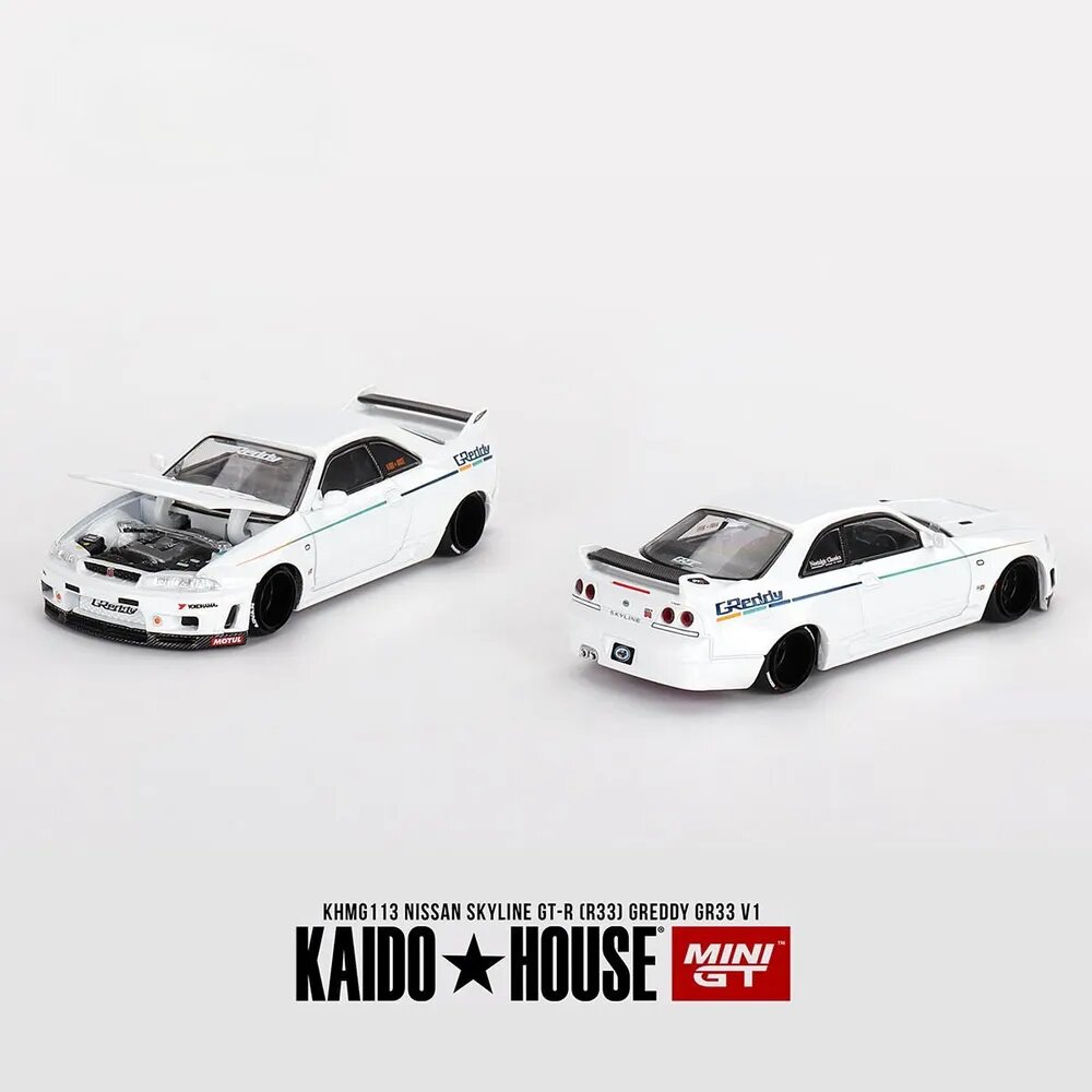 (Поставляется с защитной оболочкой)Машинка KAIDO HOUSE Mini Gt 1/64 KHMG113 Nissan Skyline GT-R(R33) Greddy GR33 V1 Die-cast Alloy Car Model Collection Gift