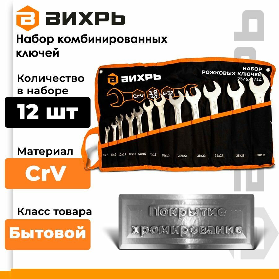 Набор рожковых ключей 12 шт. 6 - 32, в чехле Вихрь