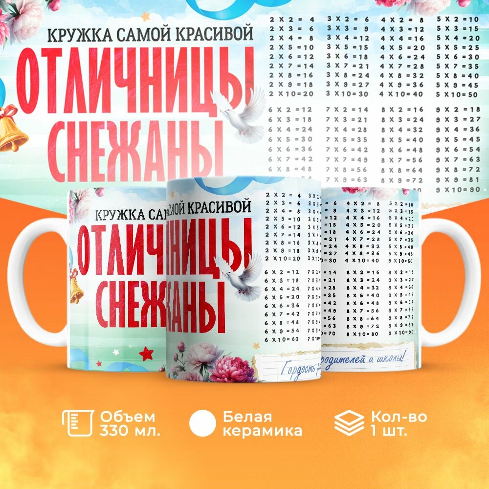 Кружка, "Самой красивой отличницы Снежаны", на день рождения дочки, в подарок для девочки, внучки с таблицей умножения 330 мл