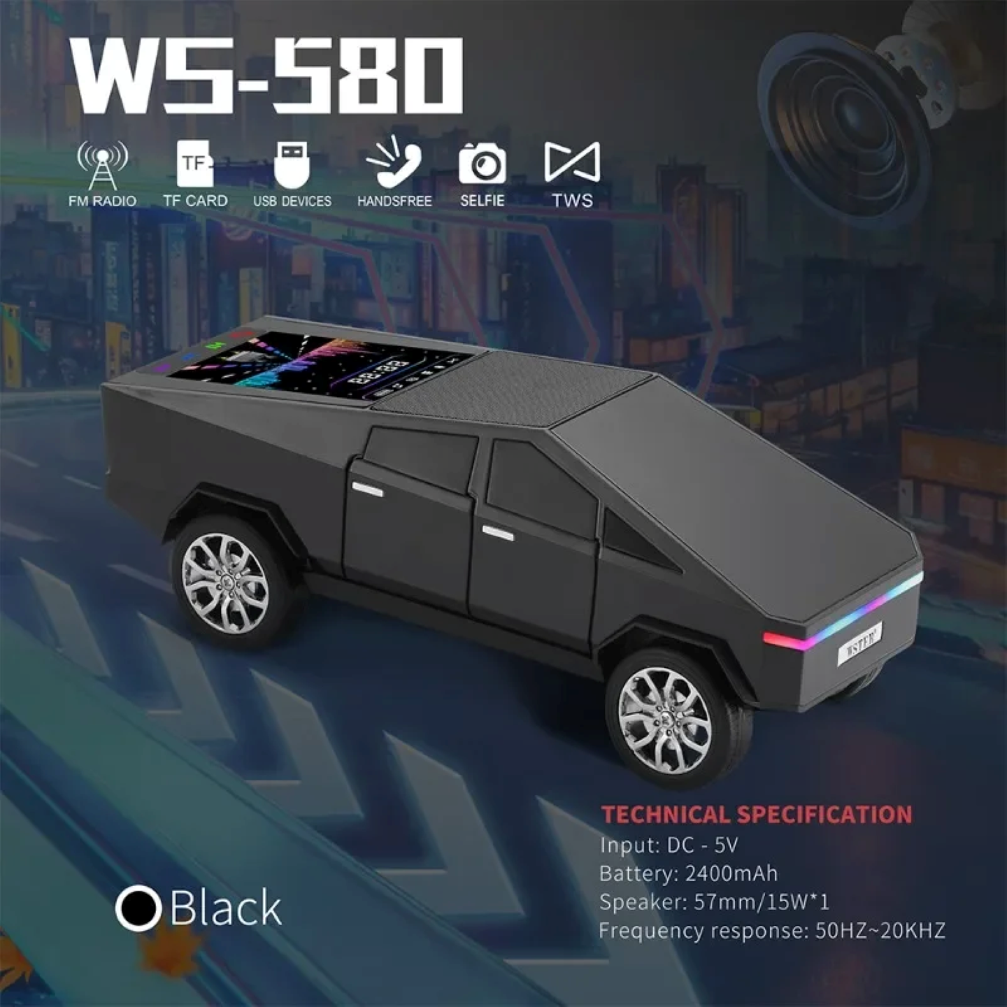 Портативная колонка WS- 580 – 3 динамика , LED-подсветка, Bluetooth 5.2, Караоке,